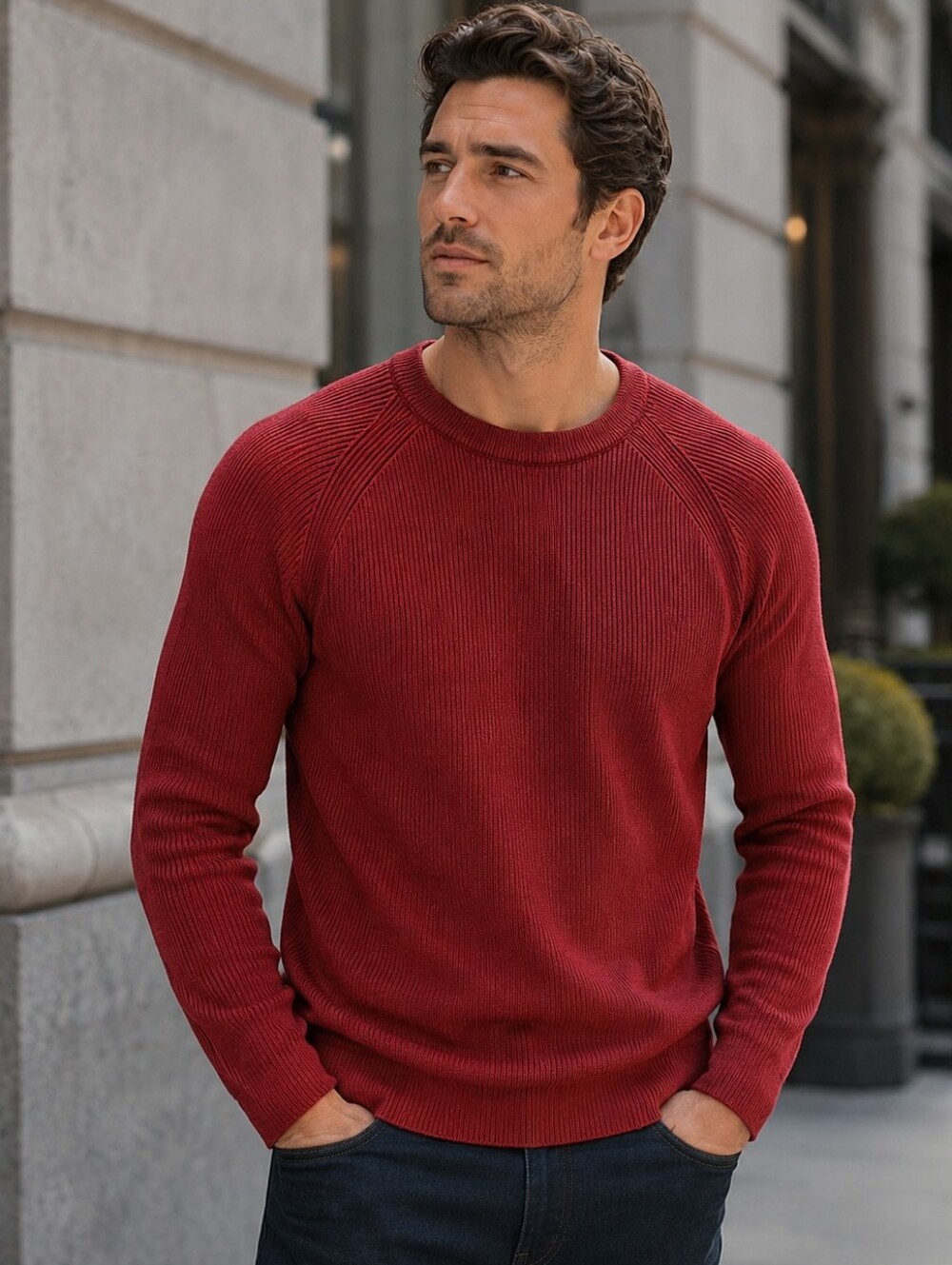 Express Men’s Red Black Ribbed Crewneck Sweater Size L NWT